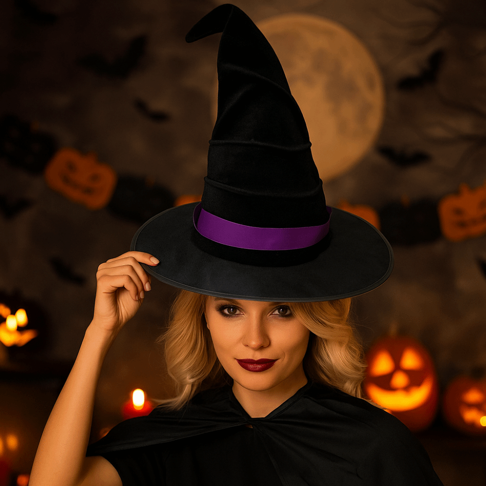 Easy Cosplay Prop - Einfach zu verstauen, Samt-Halloween-Hexenhut, faltbar, Party-Requisiten,