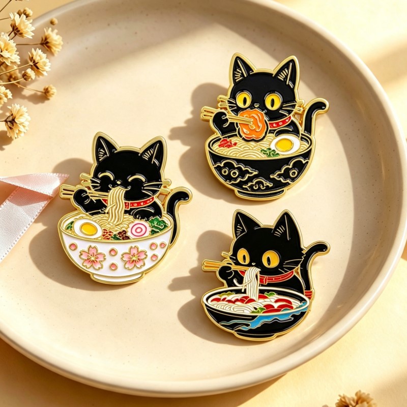 Cosplay Prop Bag - Niedliche Schwarze Katze beim Nudelessen Emaille-Pin,